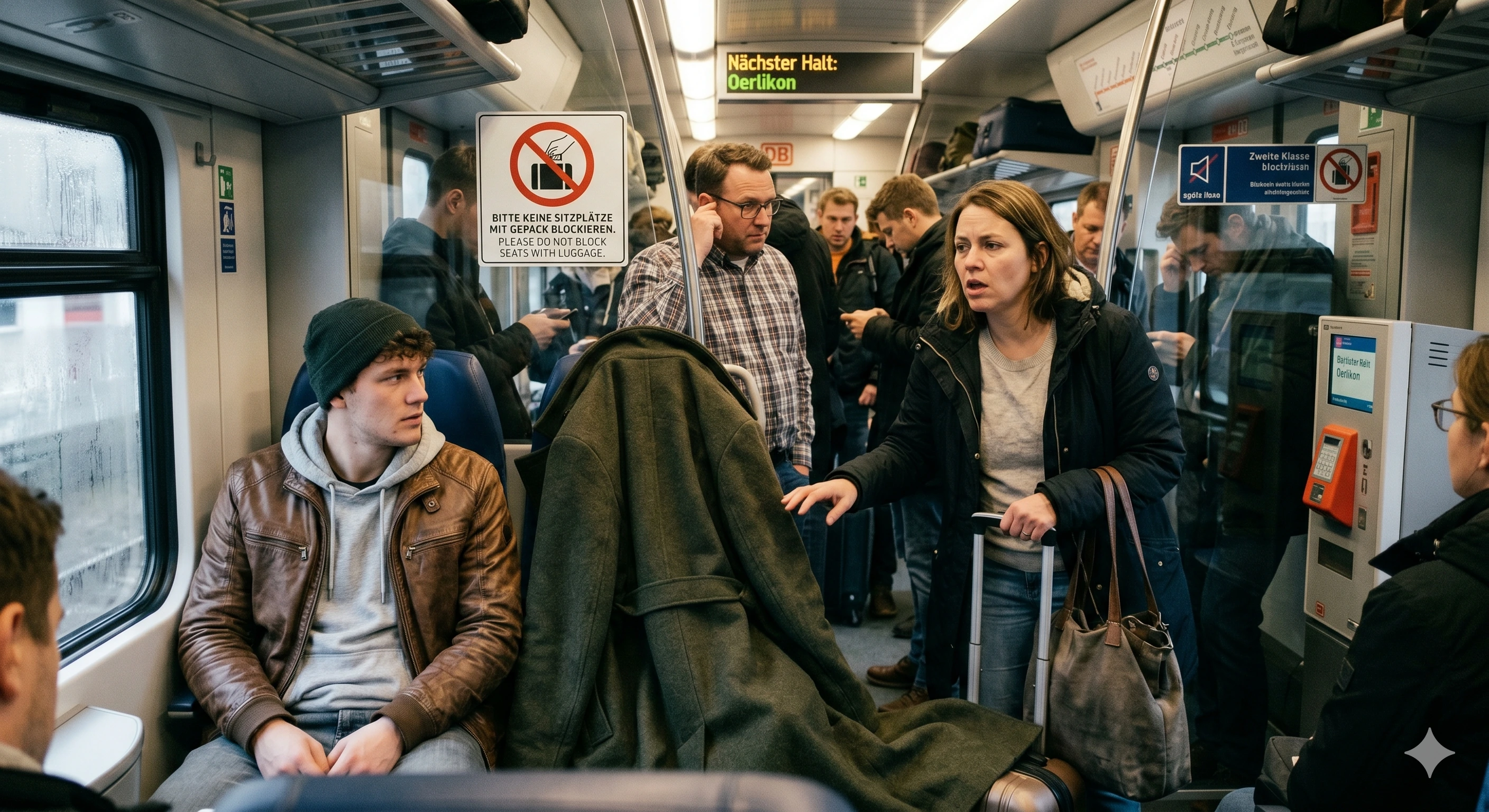 Der Sitzplatz-Blockierer mit Mantel